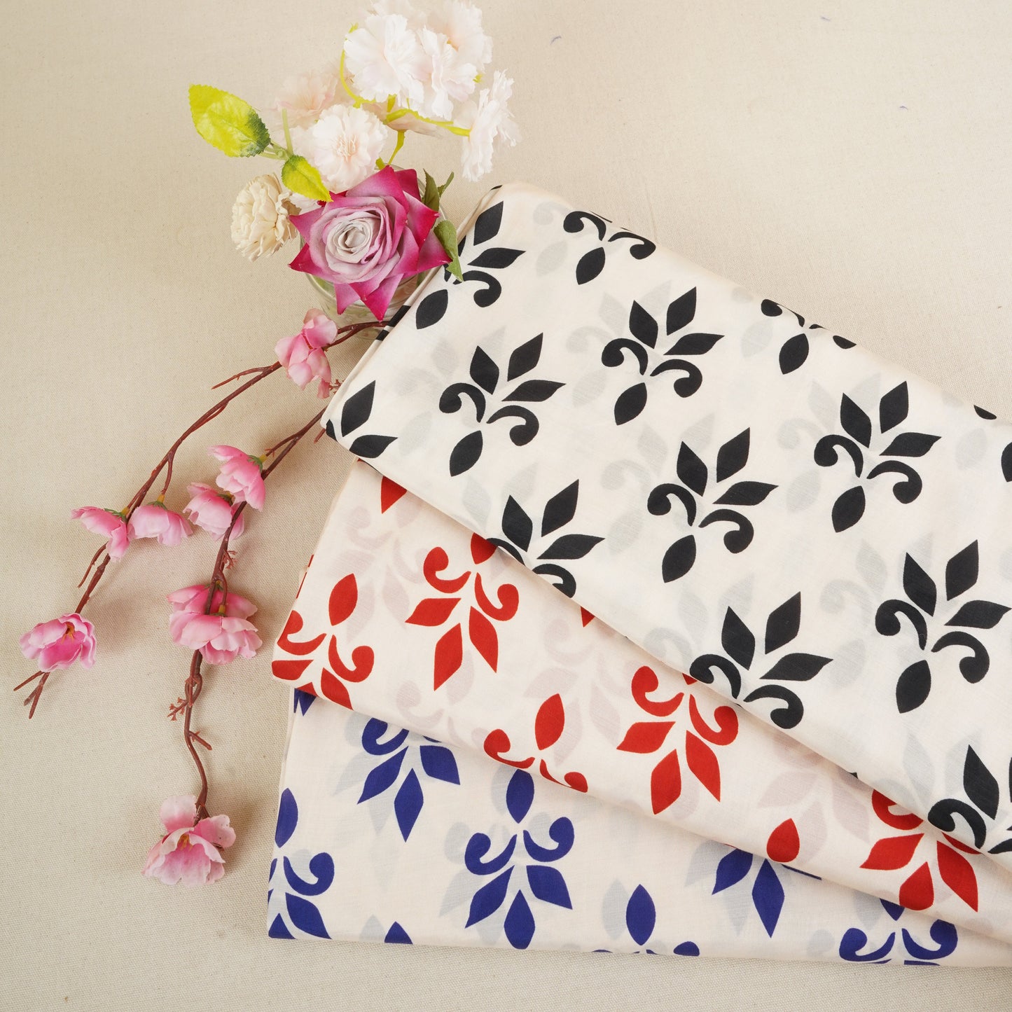 Black with Off White Floral Print Muslin Fabric MT-29394