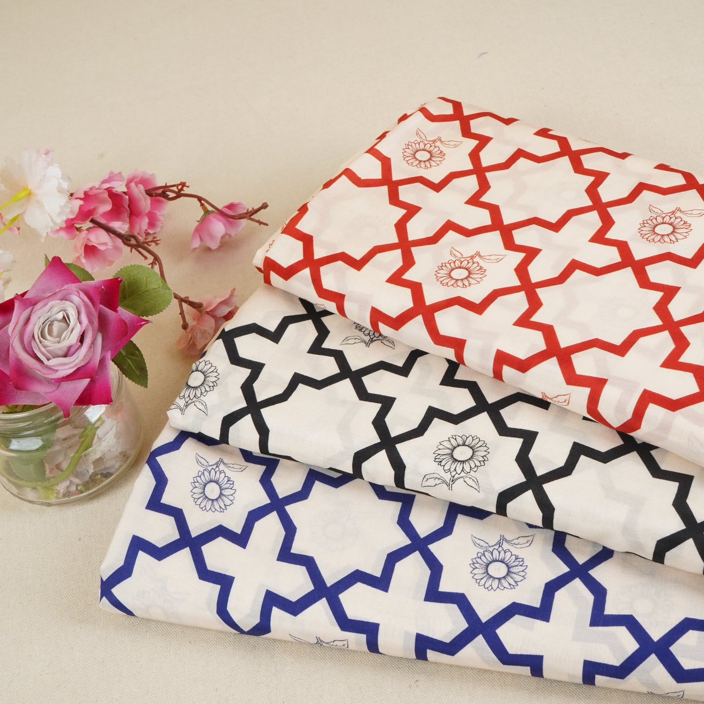 Royal Blue with Off White Moroccon Print Muslin Fabric MT-29396