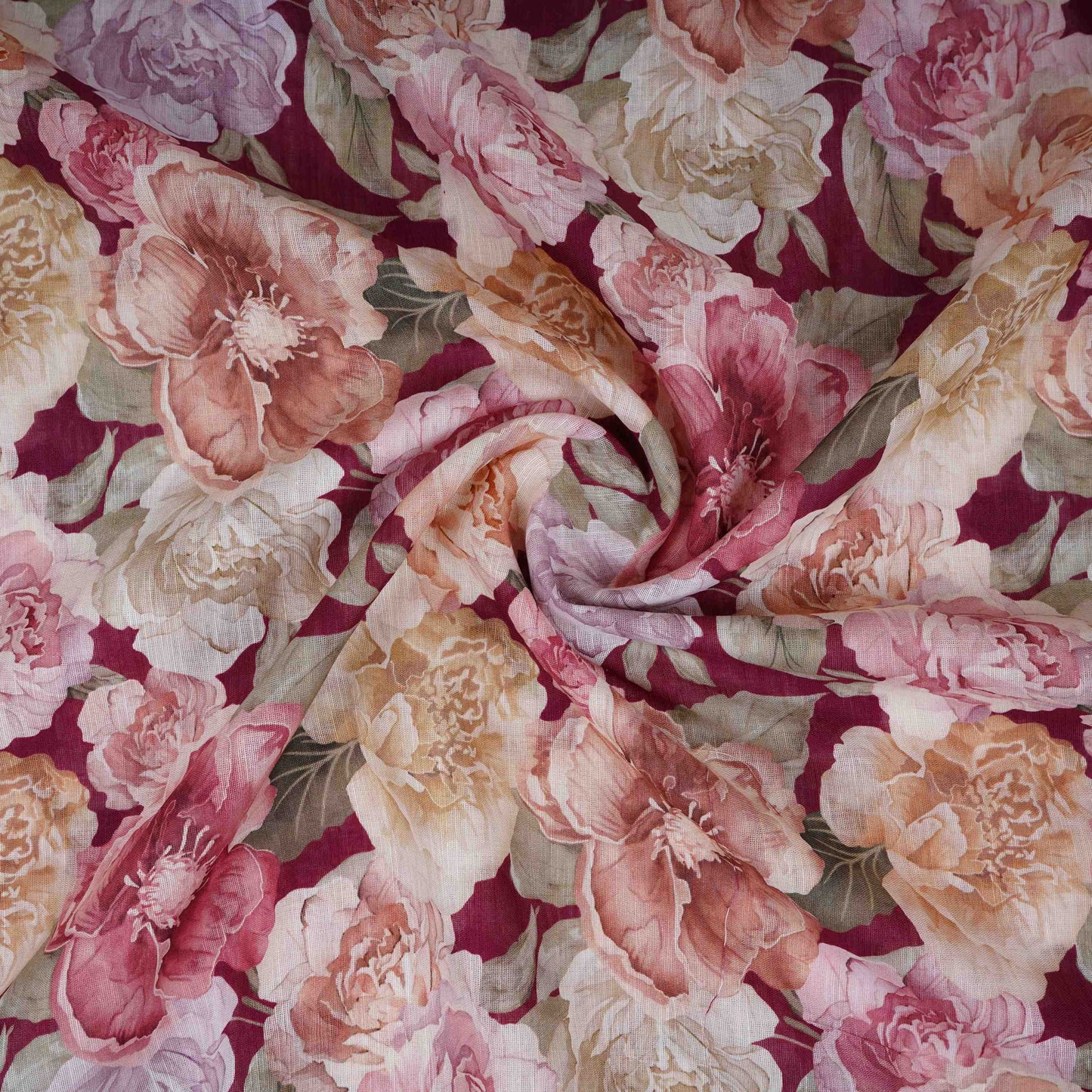 Maroon With Multicolor Floral Print Cotton Linen Fabric RT-30966