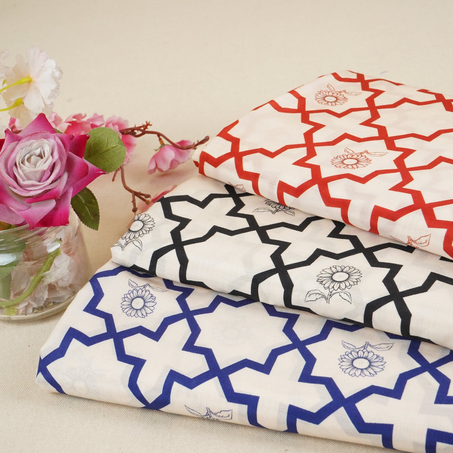 Red with Cream Moroccon Print Muslin Fabric MT-29395