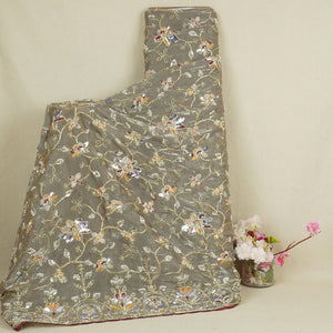 Olive Green Floral Zari Embroidery Tissue Organza Fabric AF-28992 - TradeUNO