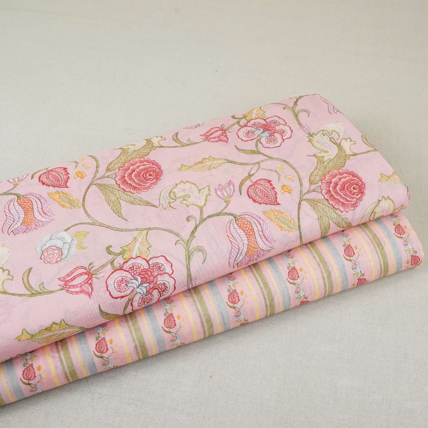 Light Blue & Green Floral Stripes Print Mul Chanderi Fabric GTS-30507