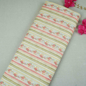 Off White & Green Floral Stripes Print Mul Chanderi Fabric GTS-30505 - TradeUNO