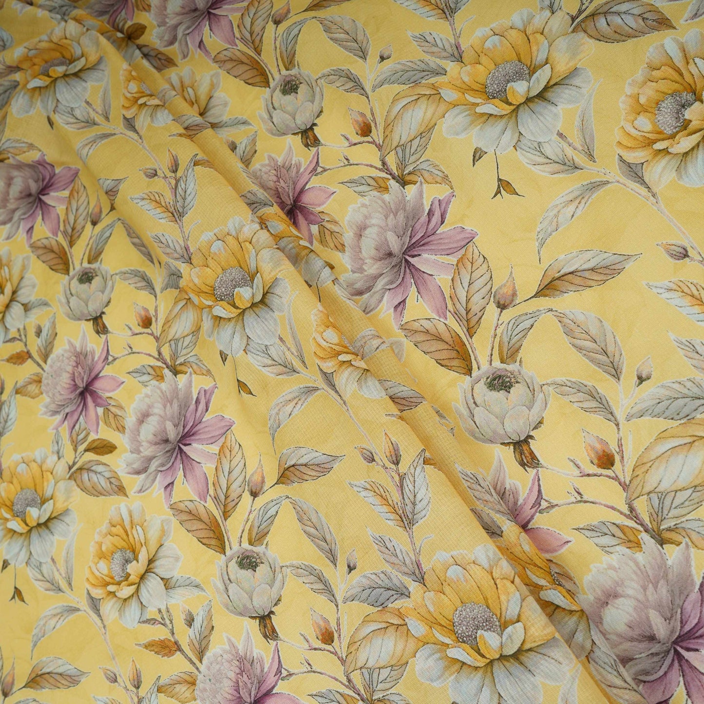 Yellow Floral Print Cotton Linen Fabric RT-30962
