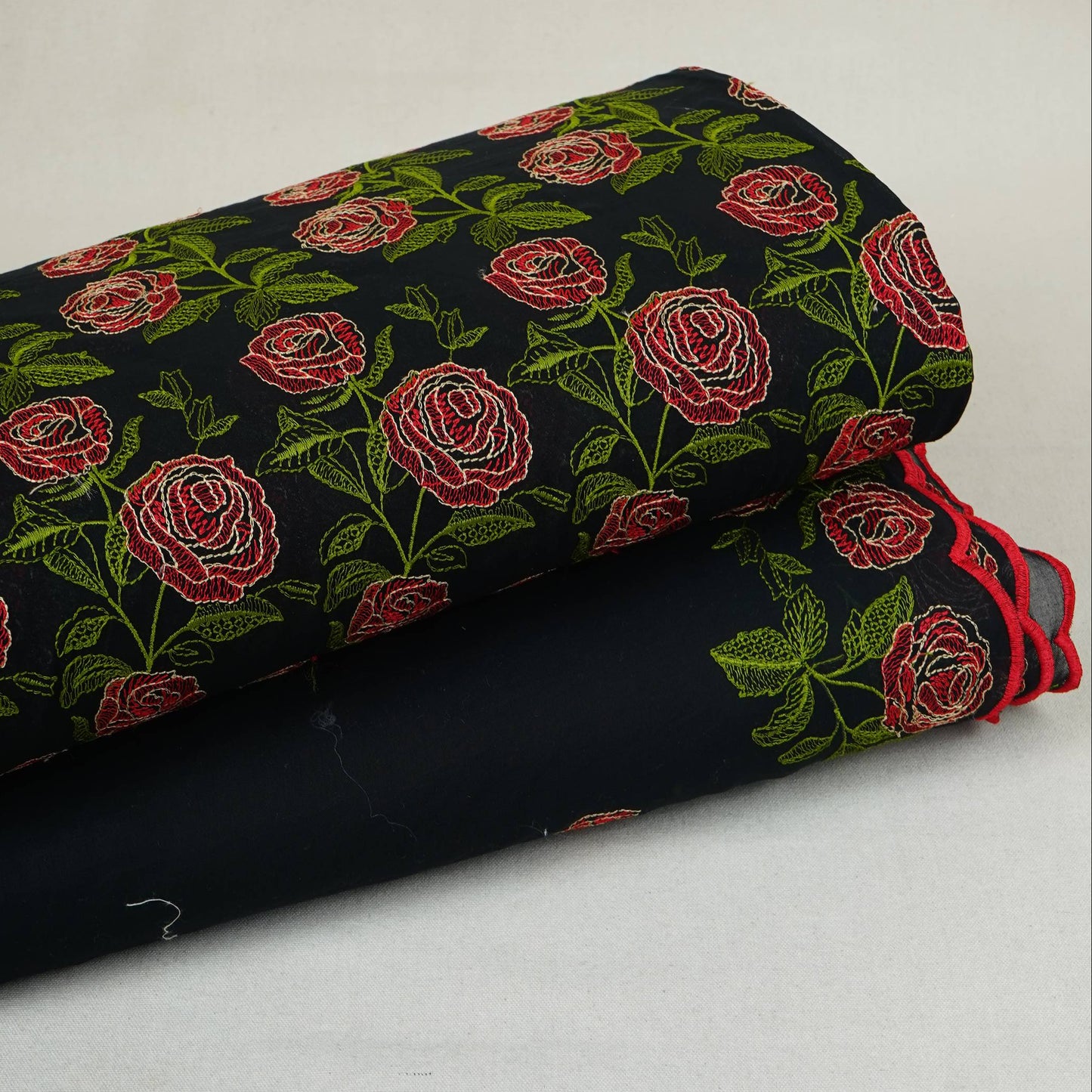 Black Border Floral Embroidery Pure Cotton Fabric MJF-30668