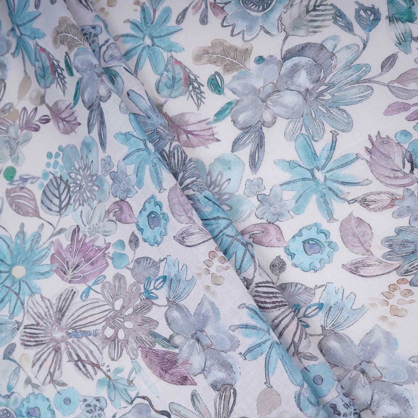 Off White Floral Print Cotton Linen Fabric RT-30969