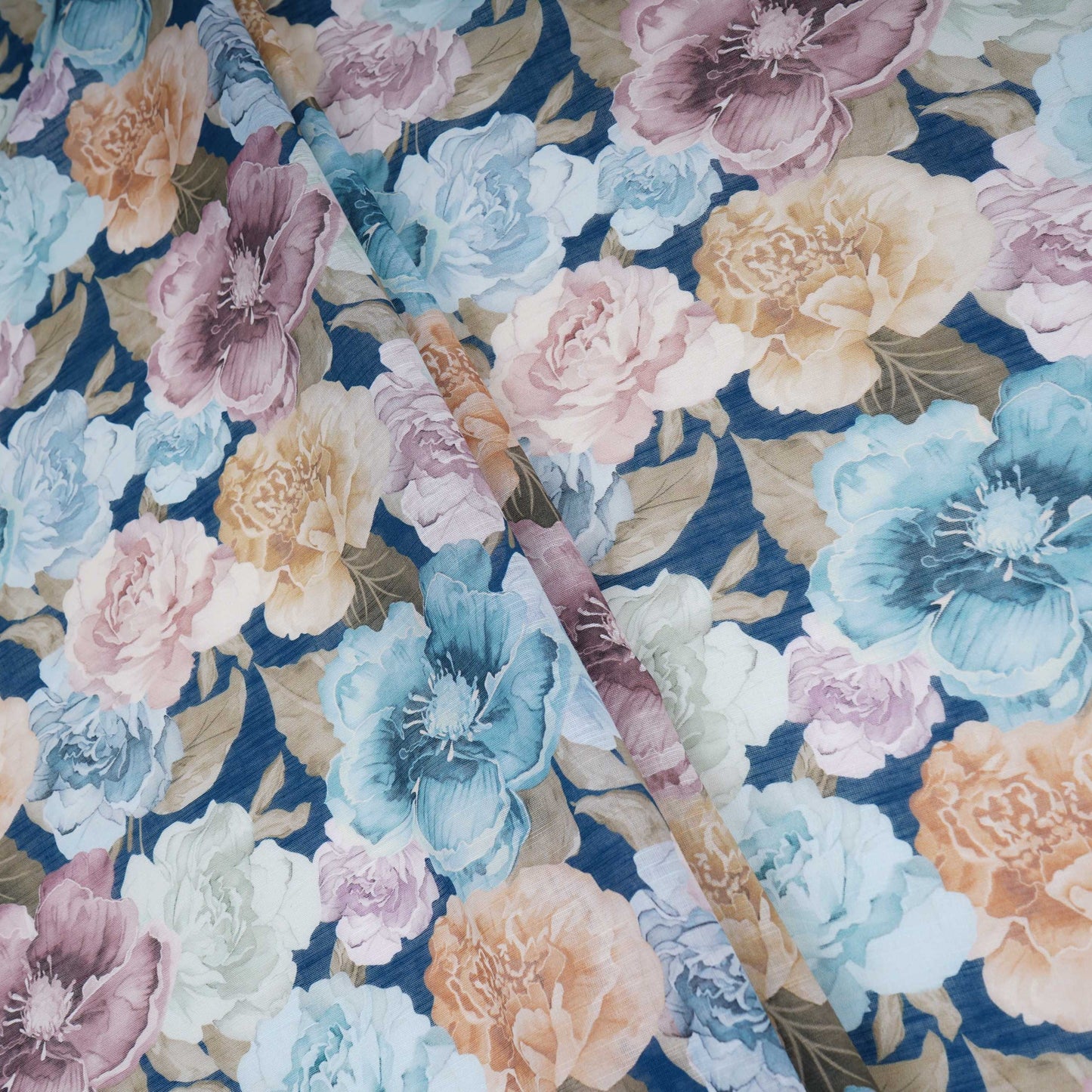 Navy Blue Floral Print Cotton Linen Fabric RT-30975