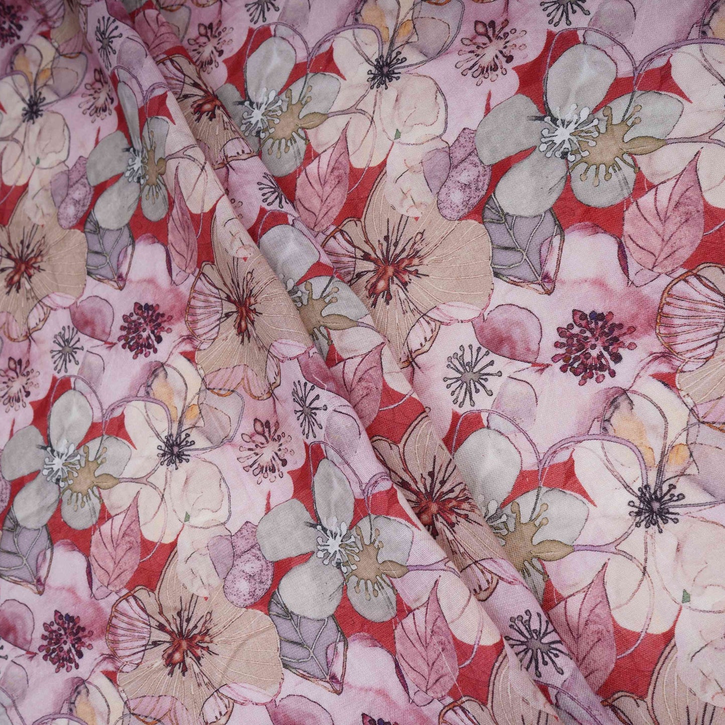 Red With Multicolor Floral Print Cotton Linen Fabric RT-30965