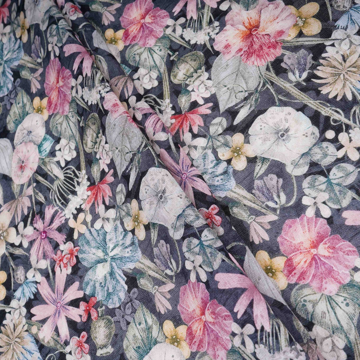 Black Floral Print Cotton Linen Fabric RT-30958