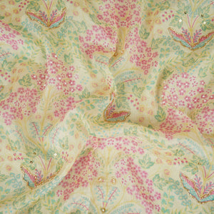 Cream Floral Cutdana Embroidery Chinnon Fabric VF-30629 - TradeUNO