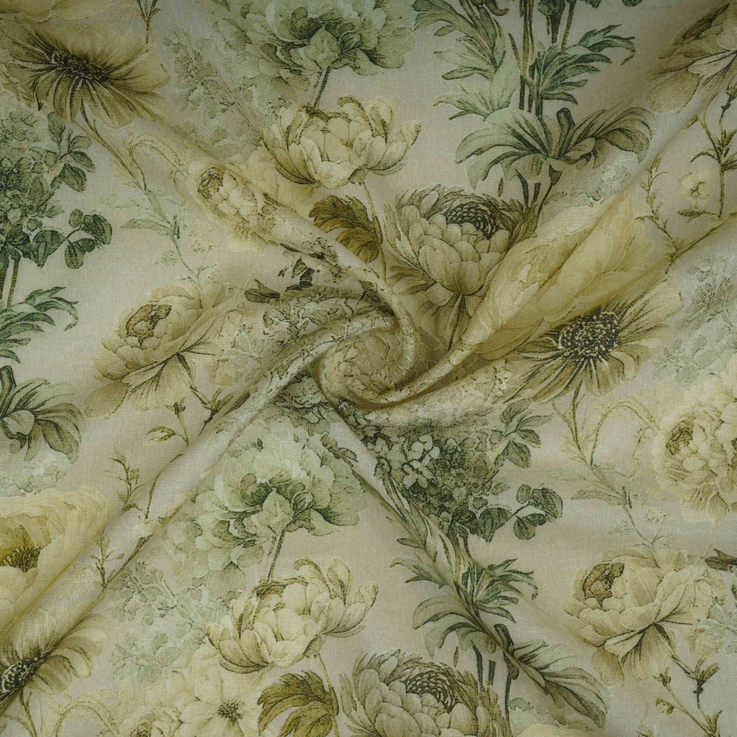 Olive Green Floral Print Cotton Linen Fabric RT-30973