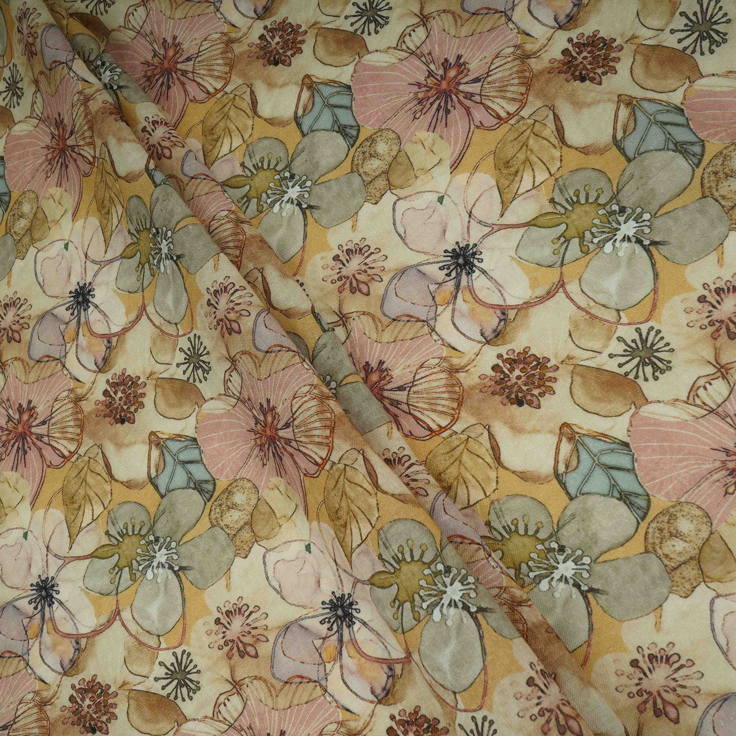 Cream Floral Print Cotton Linen Fabric RT-30972