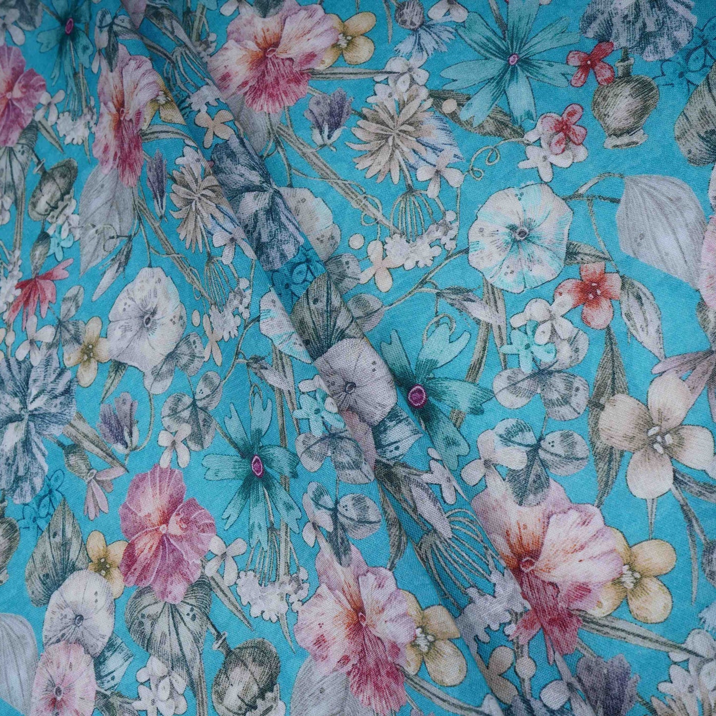 Sky Blue Floral Print Cotton Linen Fabric RT-30961