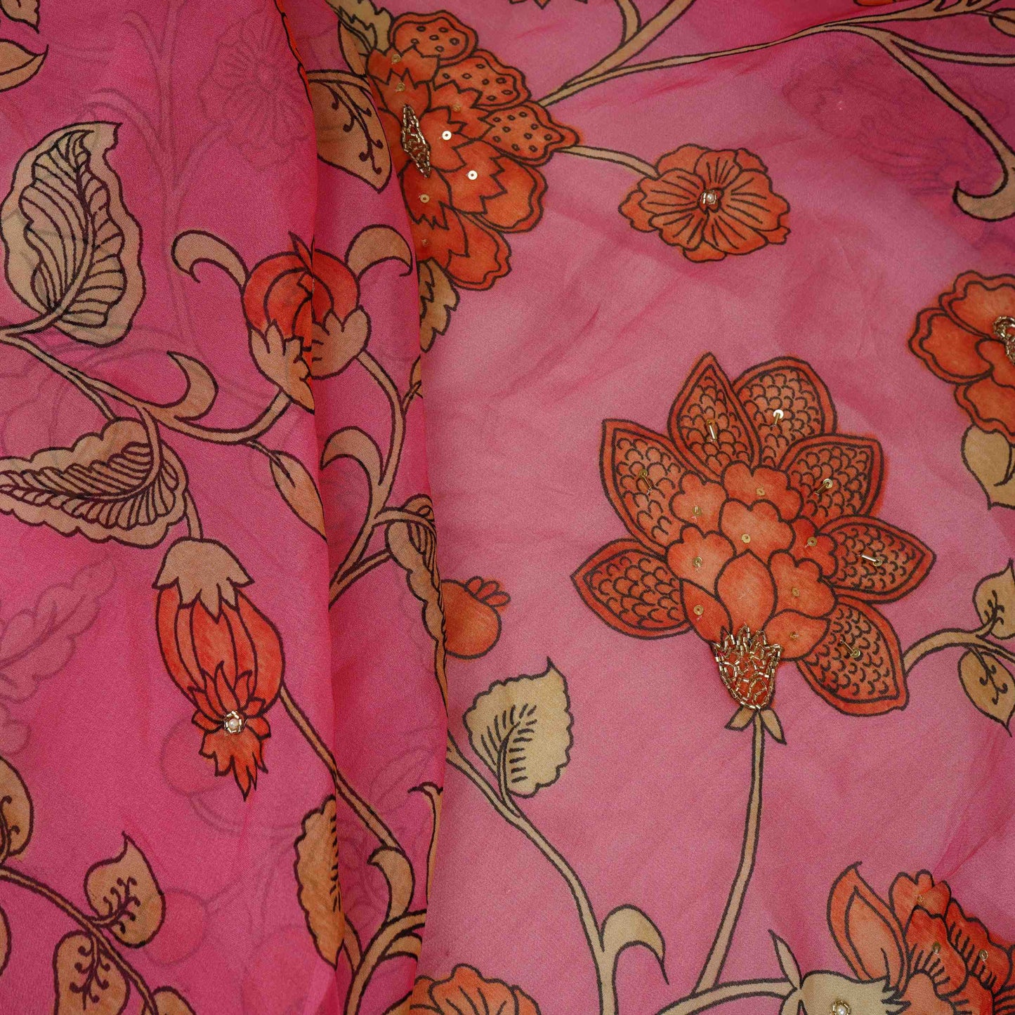 Pink Floral Cutdana Embroidery Organza Fabric VF-30625