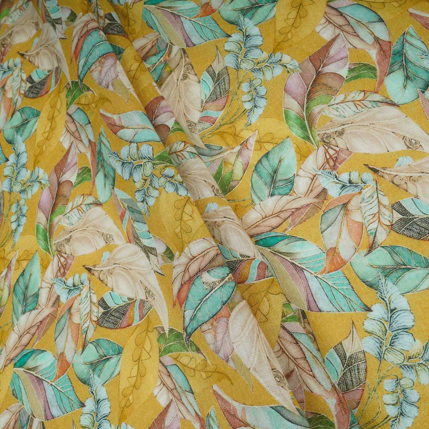 Mustard Yellow Floral Print Cotton Linen Fabric RT-30971