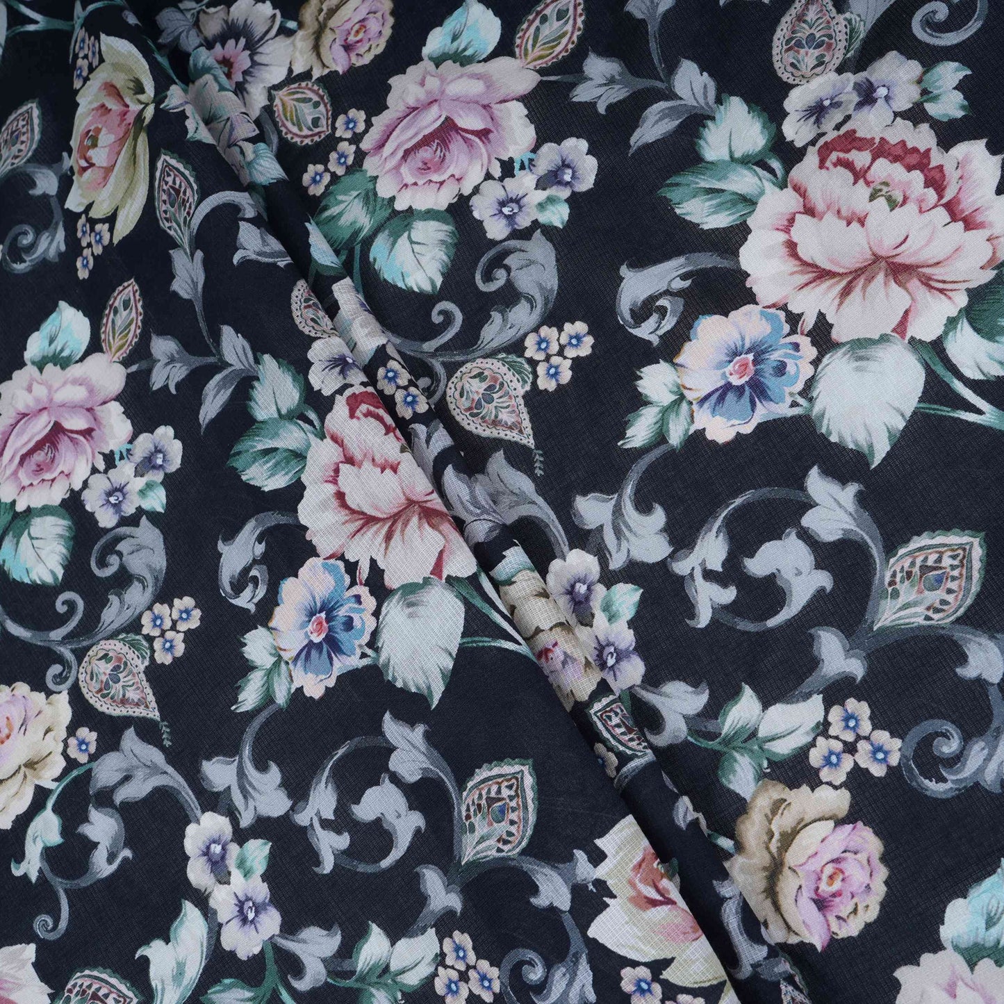 Black Floral Print Cotton Linen Fabric RT-30960