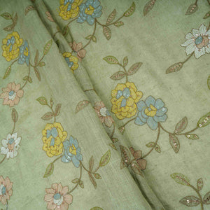 Pista Green floral embroidery Pure Cotton Linen Fabric VI-30994 - TradeUNO
