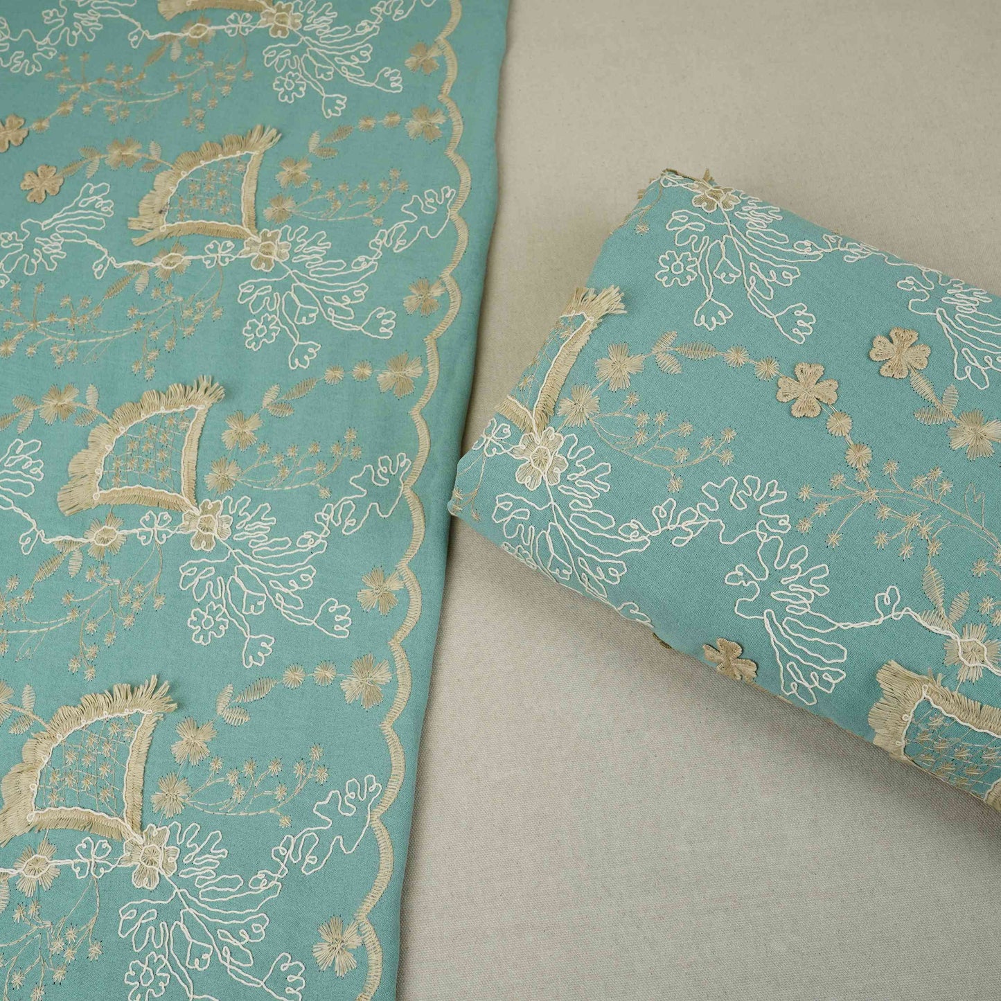 Teal Green 3D Floral Embroidery Moss Crepe Fabric CF-30483