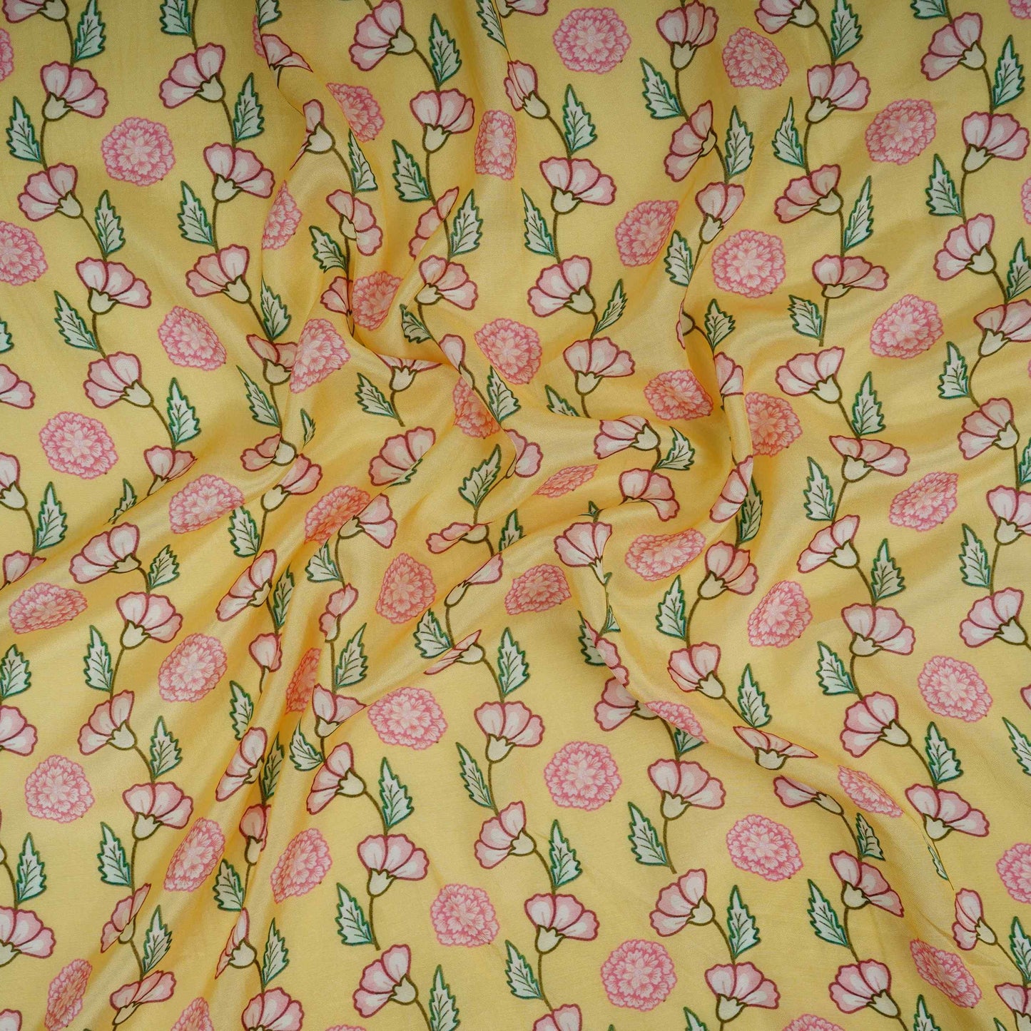 Pale Yellow Floral Print Muslin Fabric GTS-30943