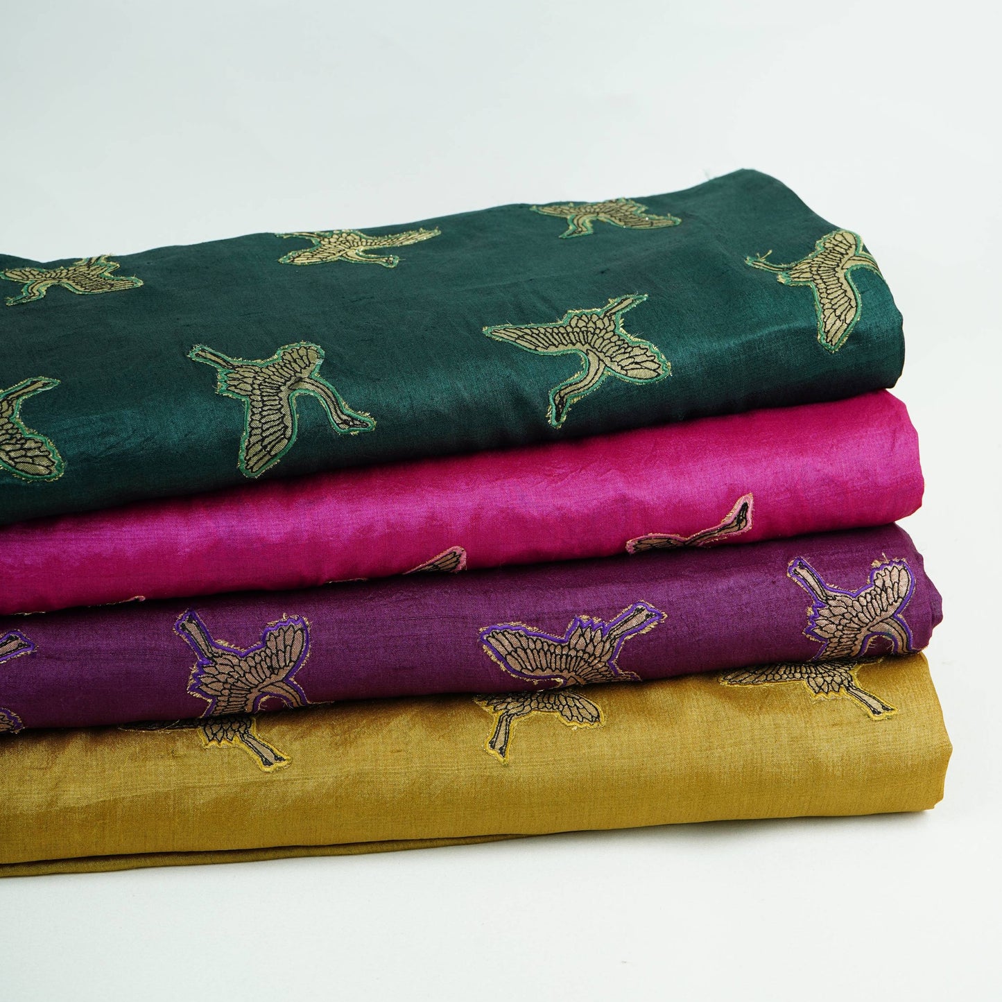 Dark Green Parsi Embroidery Pure Tusser Silk Fabric CW-32562