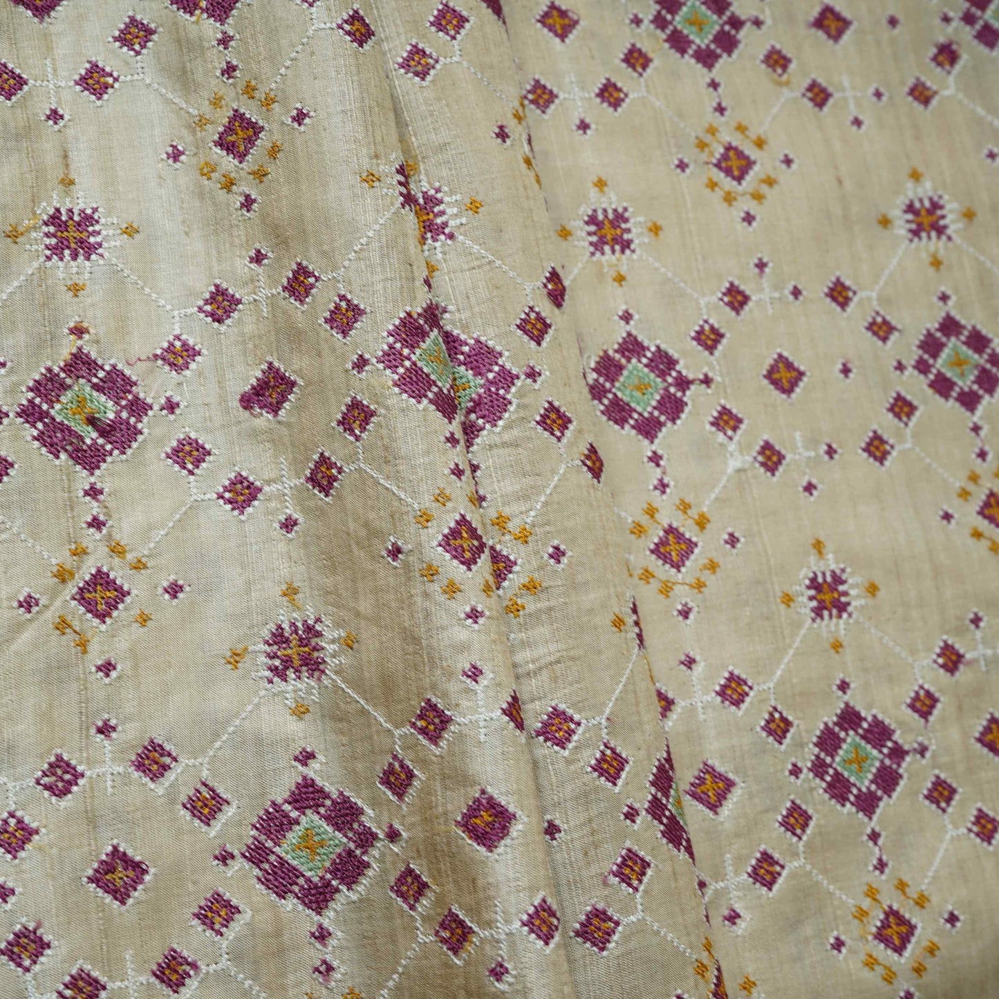 Beige Geometrical Embroidery Pure Tusser Silk Fabric CW-32573