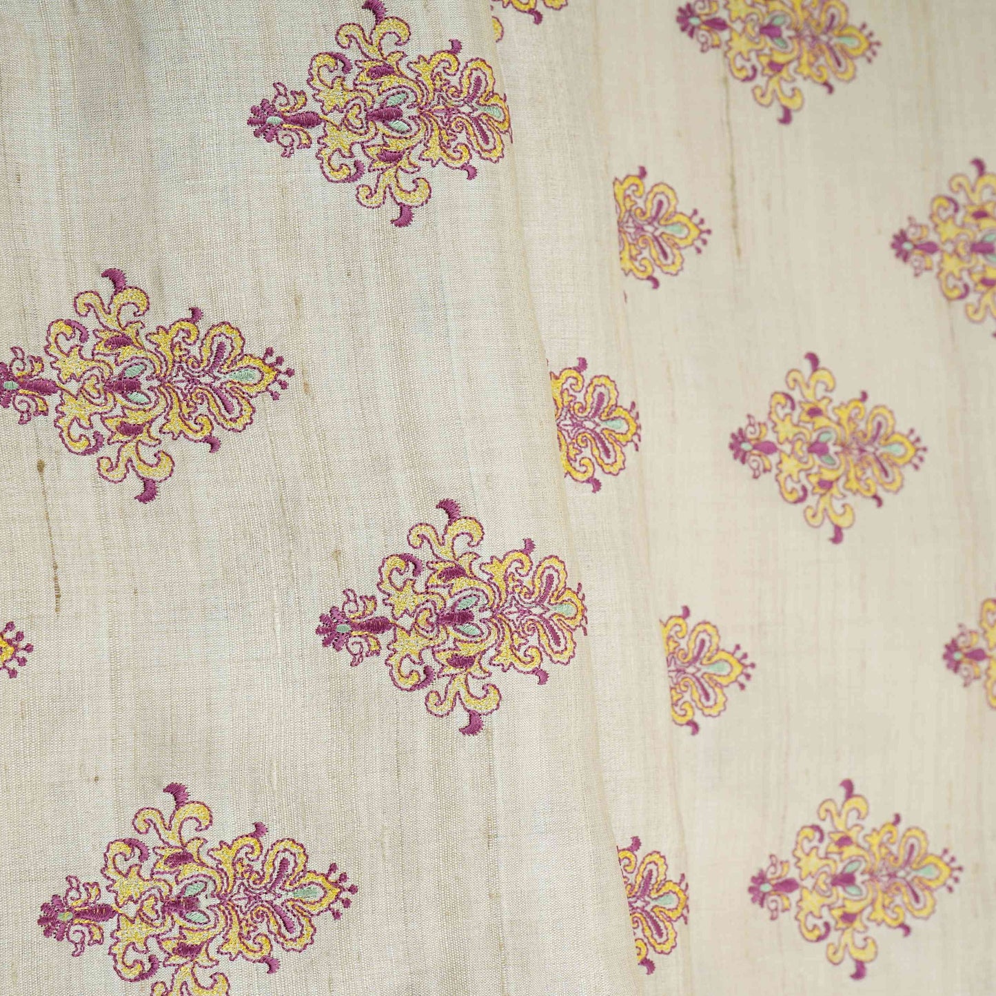 Natural Beige Floral Jaal Pure Tusser Silk Fabric CW-32572
