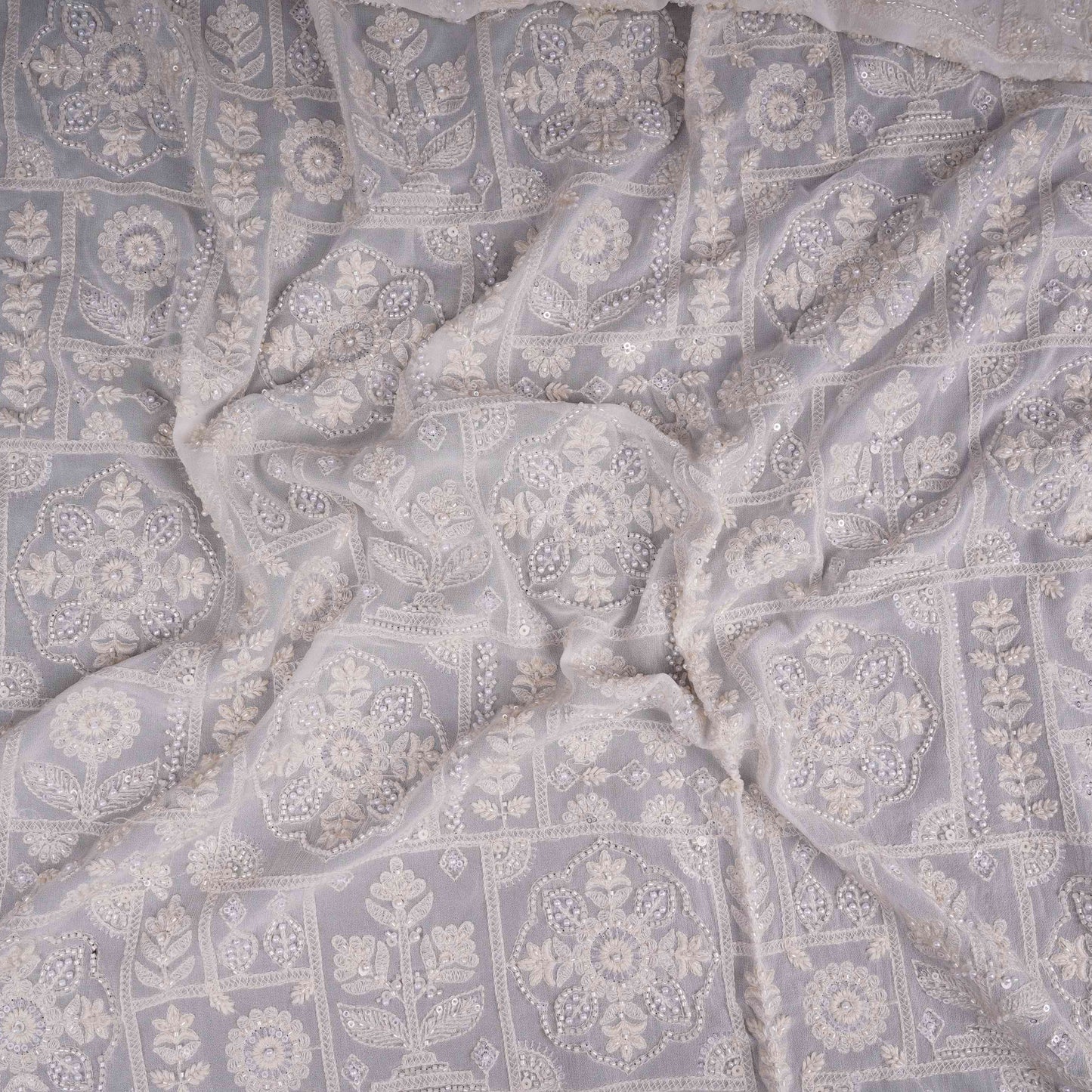 White Floral Cutdana Embroidery Georgette Fabric SGS-30699