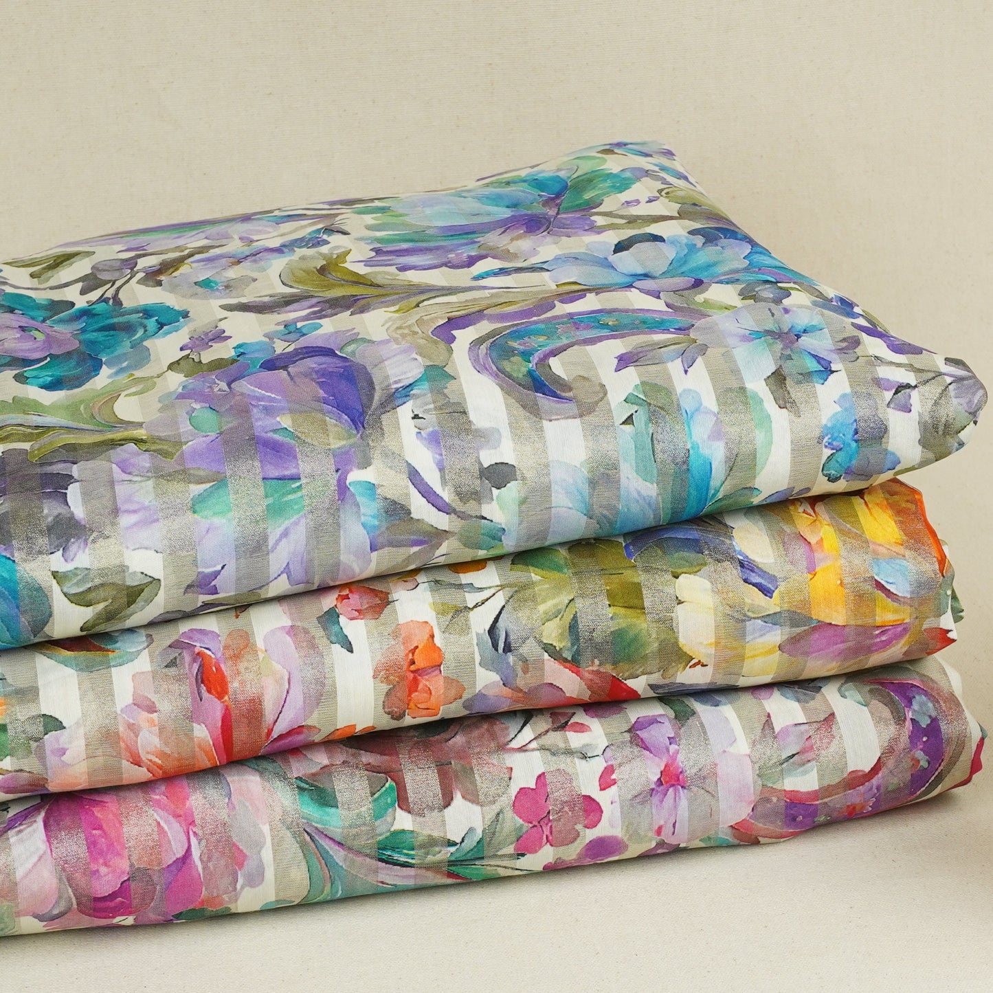 Off White with Multicolor Floral Print Tissue Chanderi Fabric MT-29488