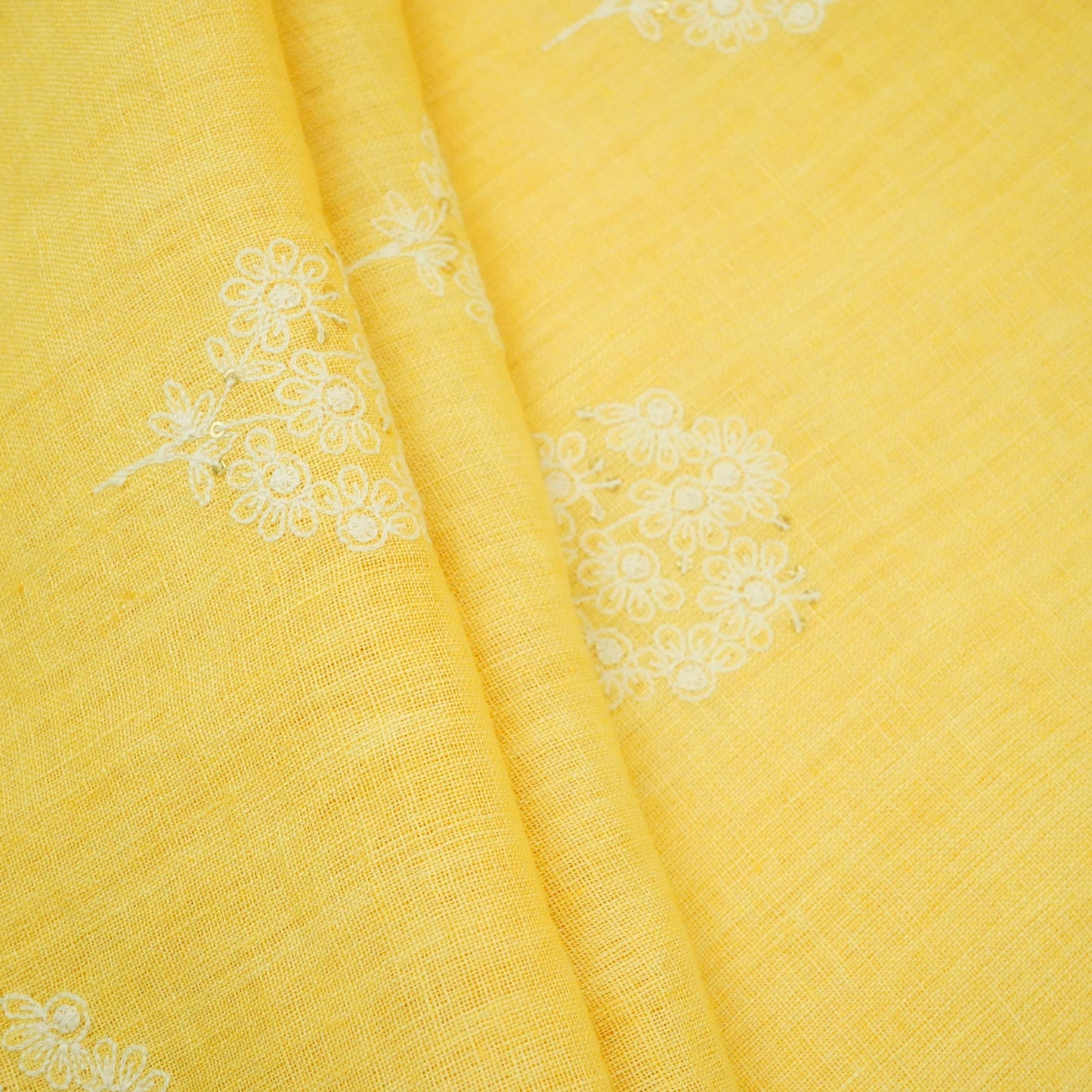 Light Yellow floral embroidery Pure Linen Fabric SN-31145