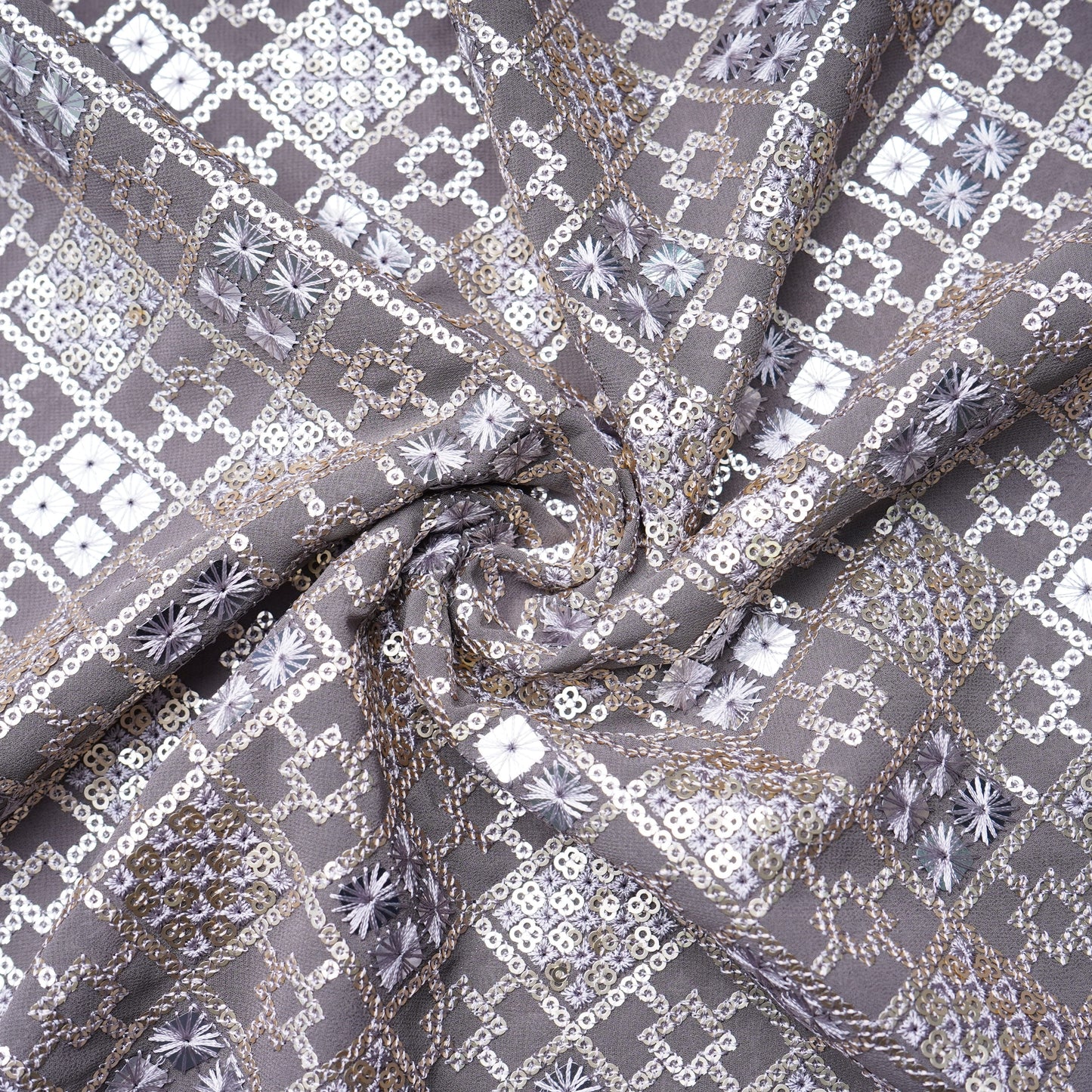 Smoke Grey Geometrical Sequins Embroidery Georgette Fabric 15540