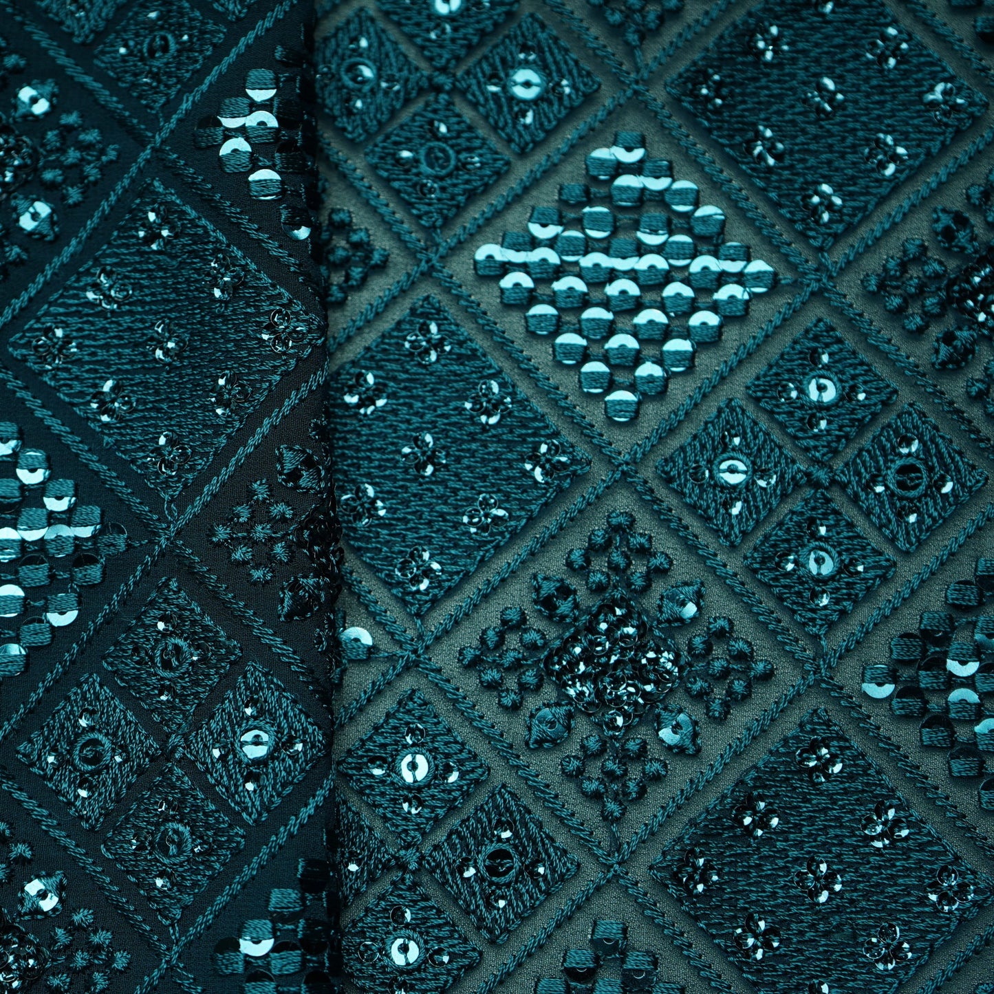 Green Geometrical Thread Work Georgette Fabric 17855