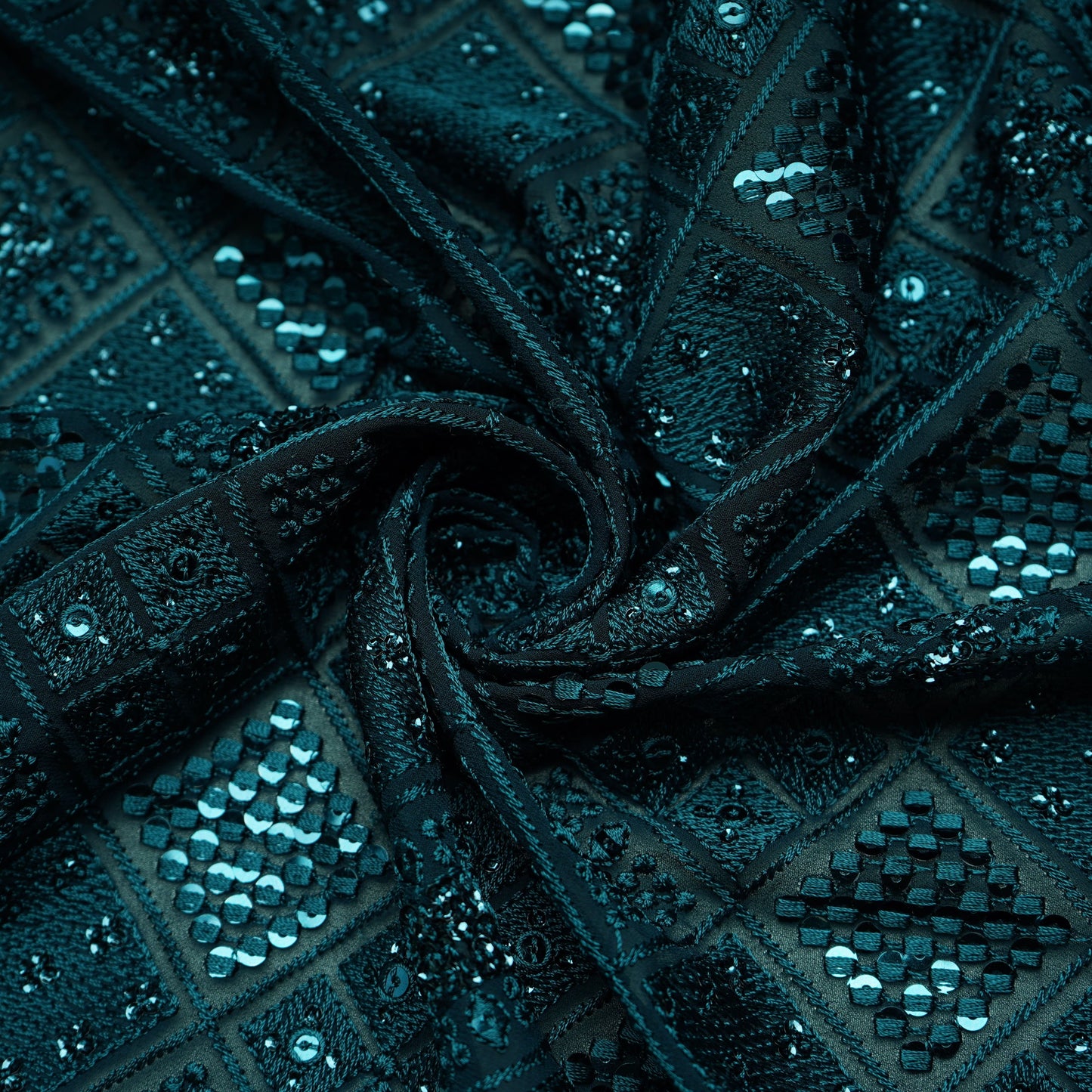Green Geometrical Thread Work Georgette Fabric 17855
