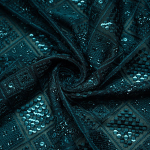 Green Geometrical Thread Work Georgette Fabric 17855