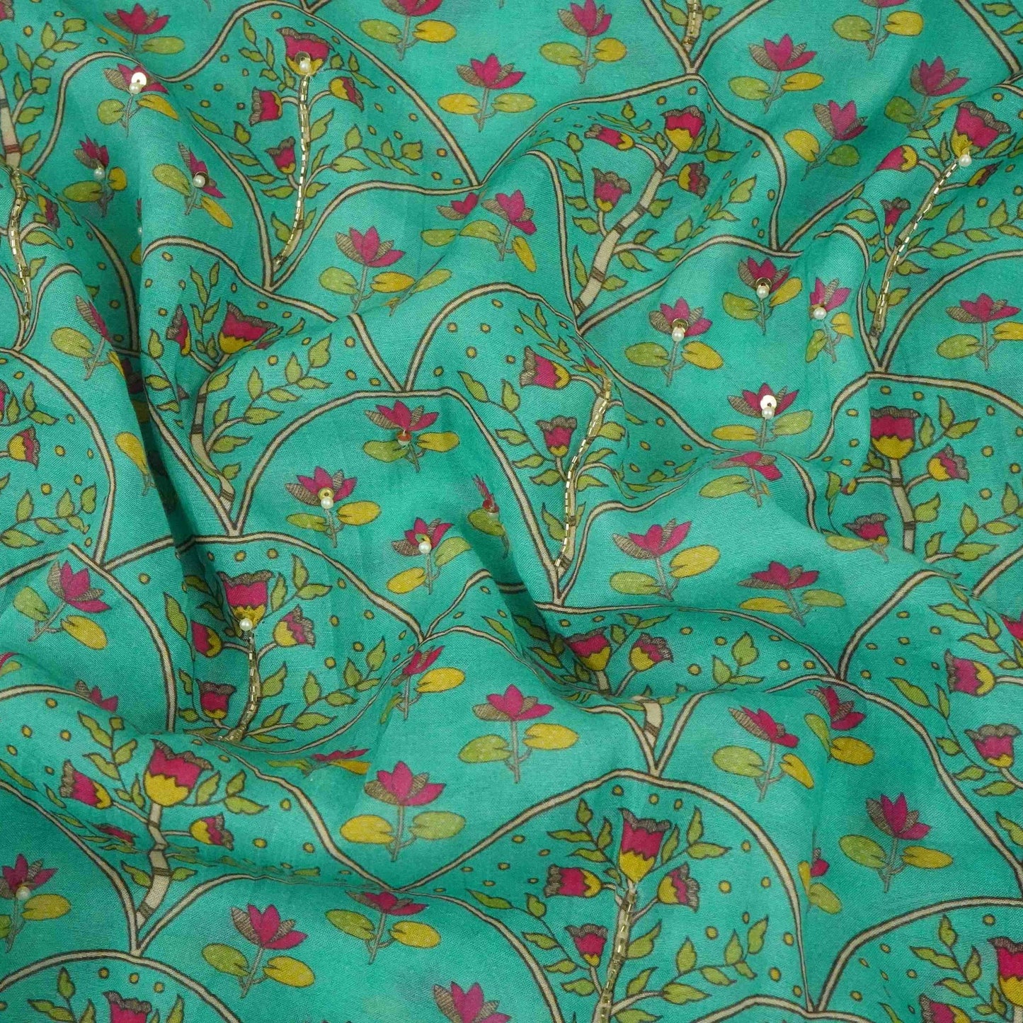Turquoise Blue Floral Cutdana Mul Chanderi Fabric VF-30643