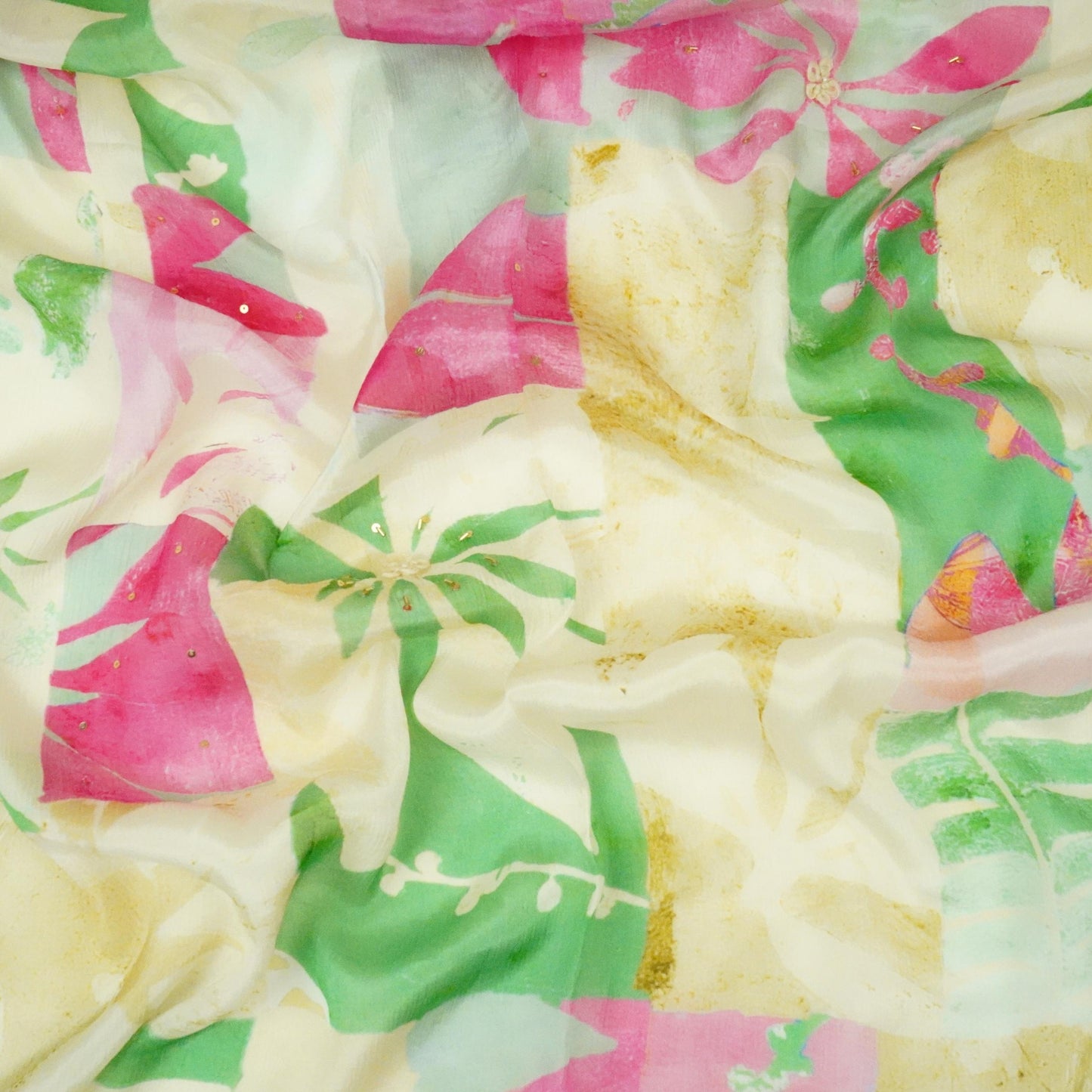 Pink & Peach Floral Hand Embroidery Chinnon Fabric VF-30660