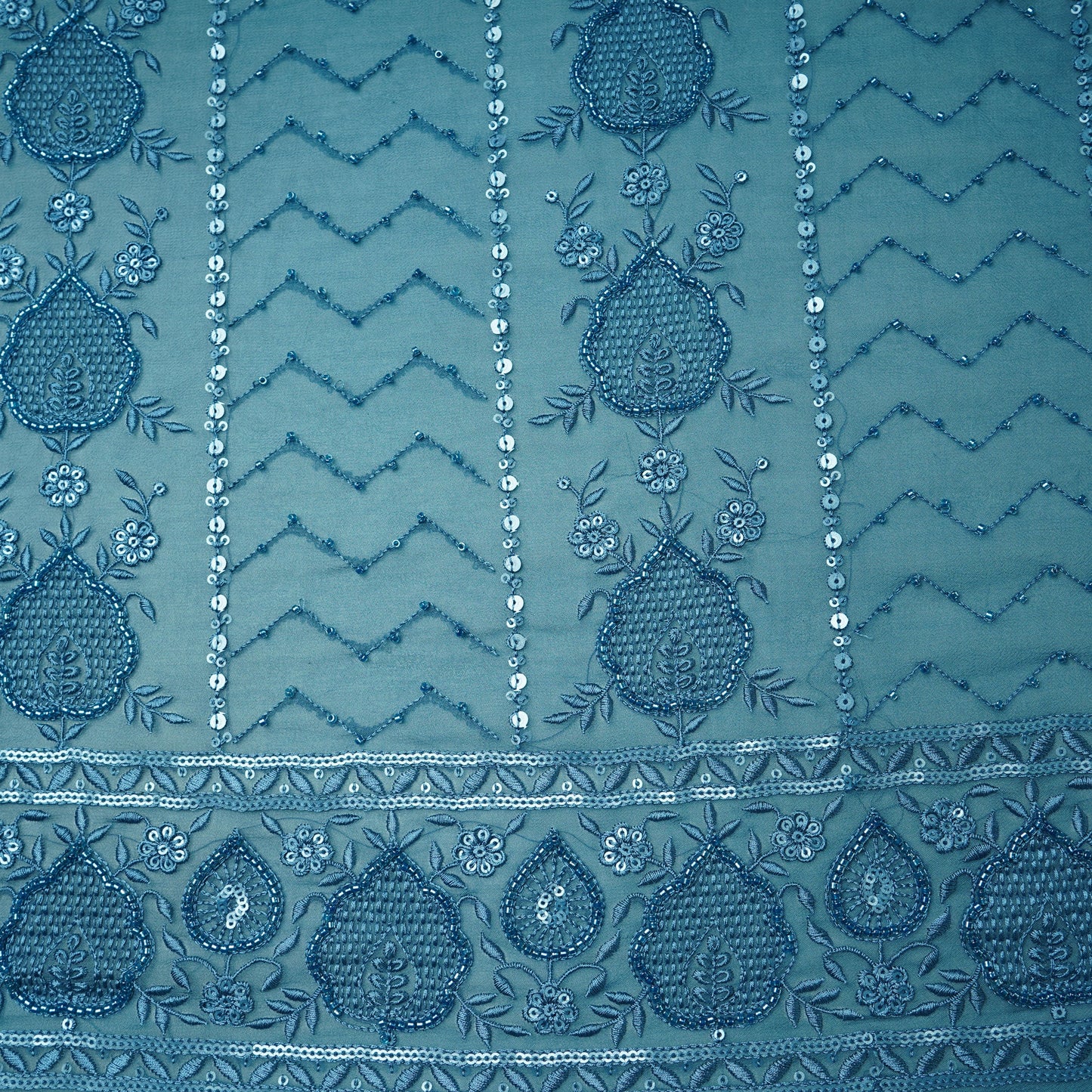 Premium Blue Tropical CutDana Thread Embroidery Georgette Fabric