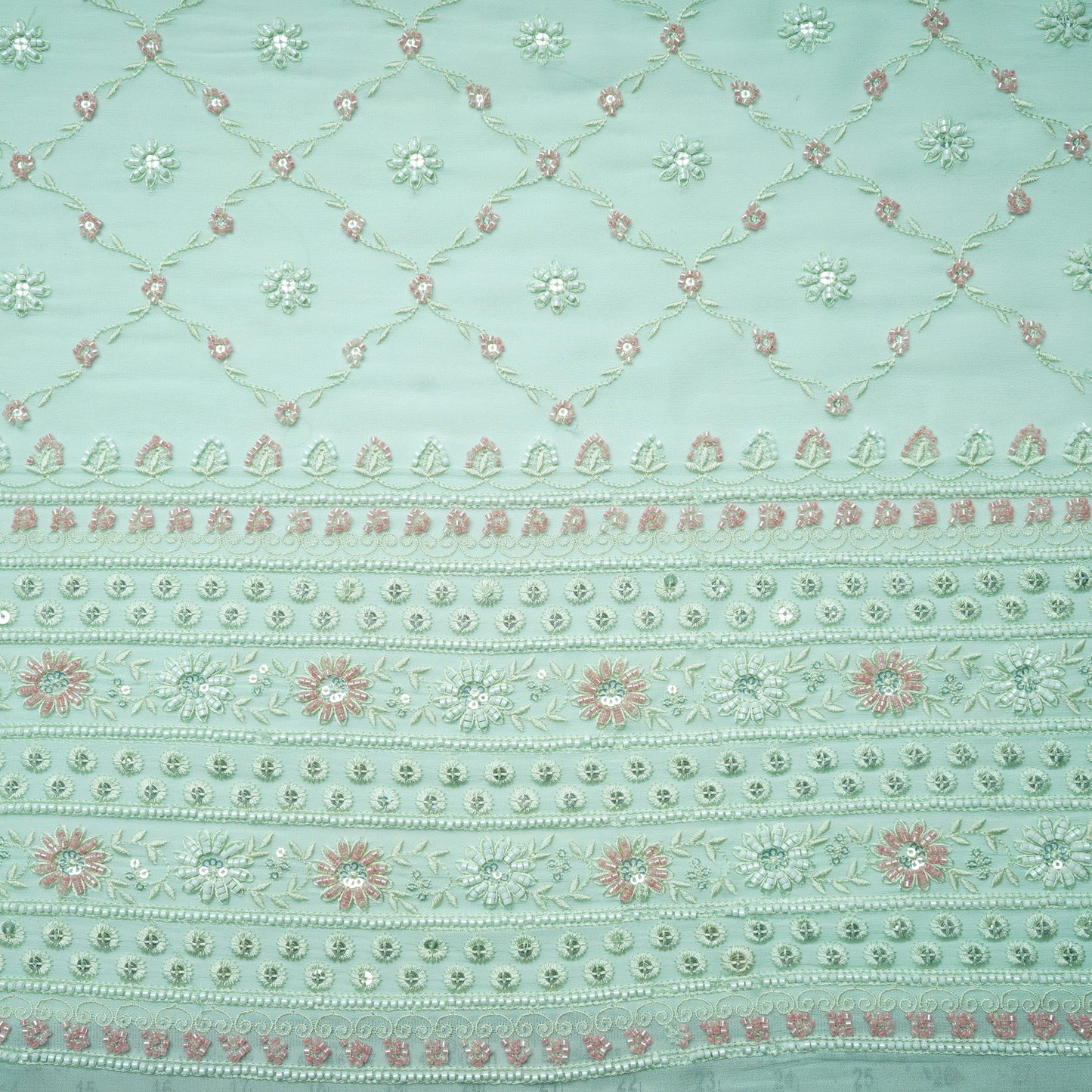 Premium Mint Green Floral CutDana Embroidery Georgette Fabric
