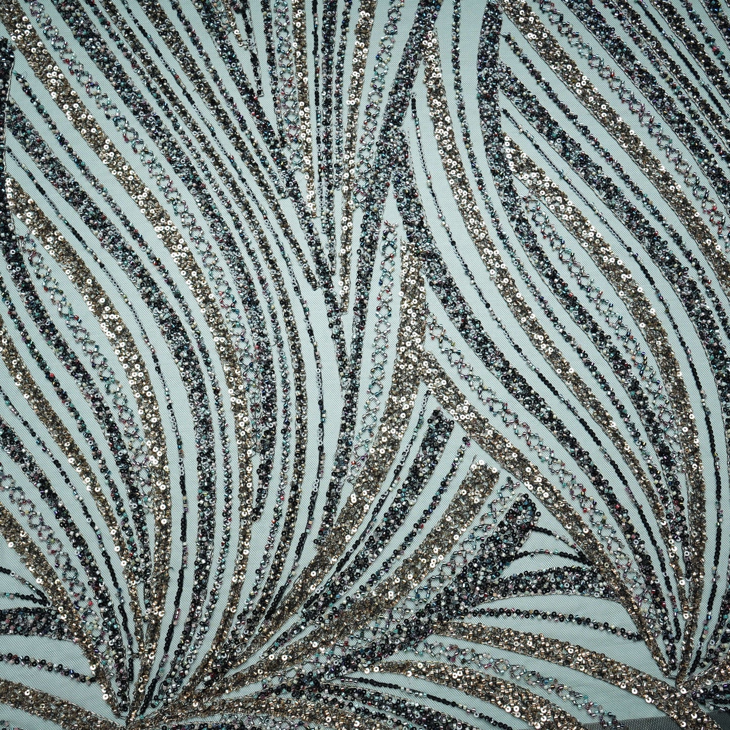Black Abstract Pearl Heavy Sequins Embroidery Net Fabric 15009
