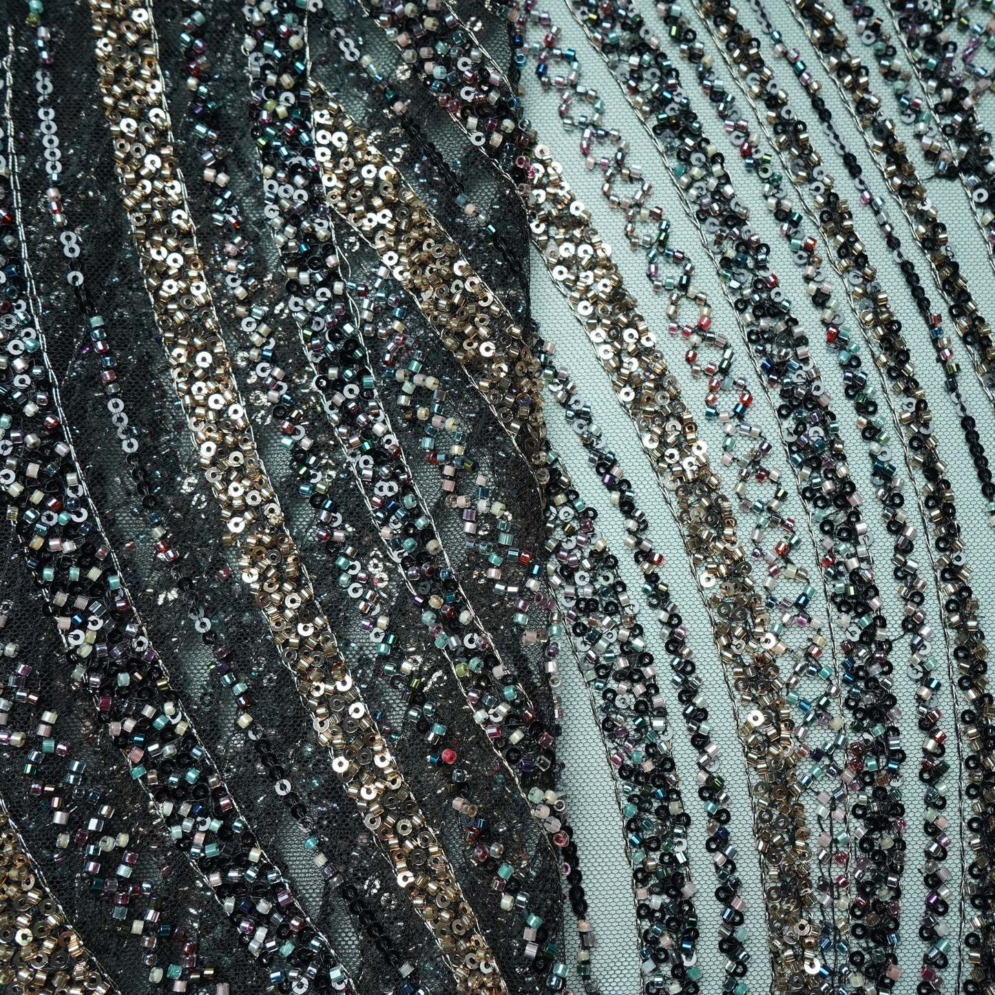 Black Abstract Pearl Heavy Sequins Embroidery Net Fabric 15009