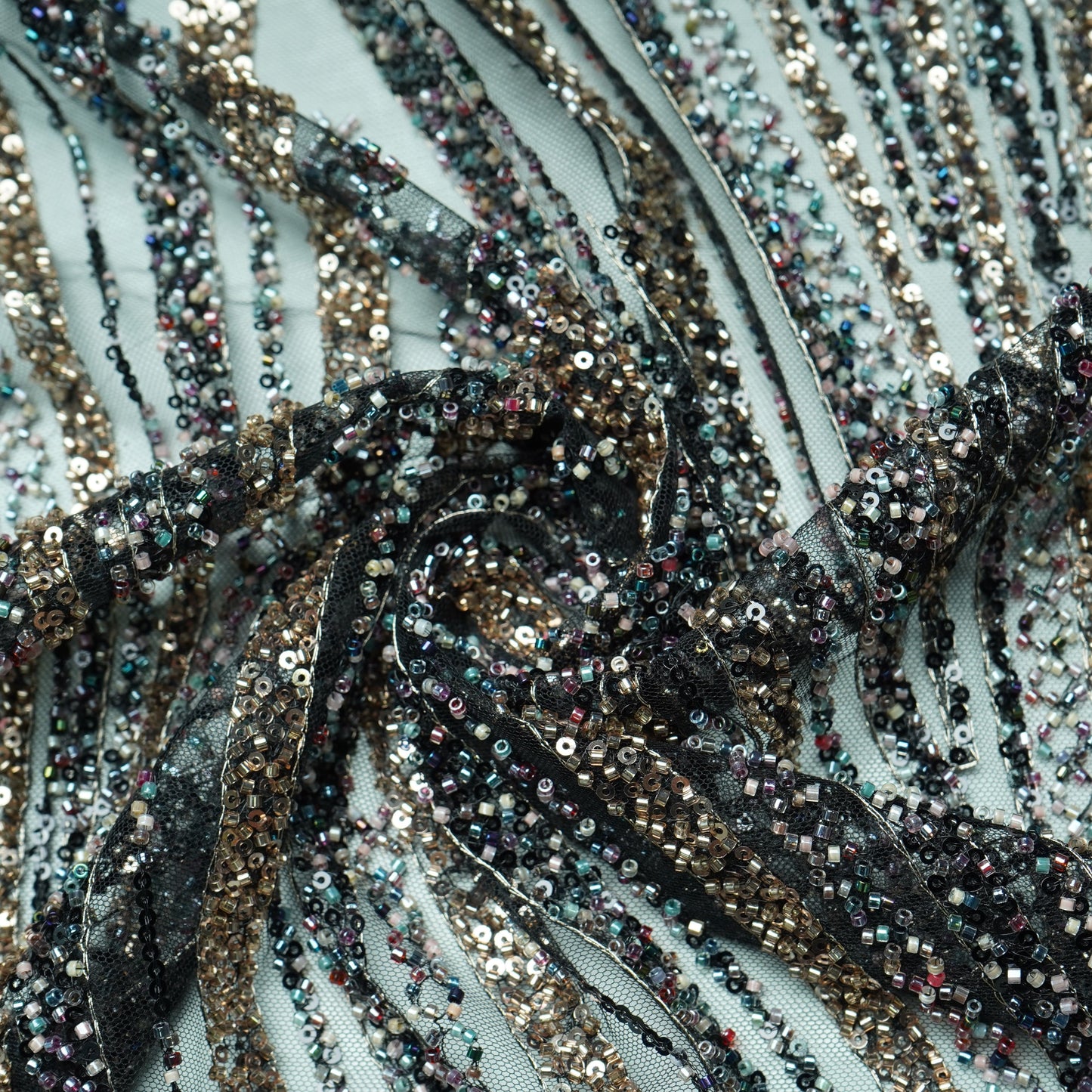 Black Abstract Pearl Heavy Sequins Embroidery Net Fabric 15009