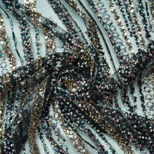 Black Abstract Pearl Heavy Sequins Embroidery Net Fabric 15009