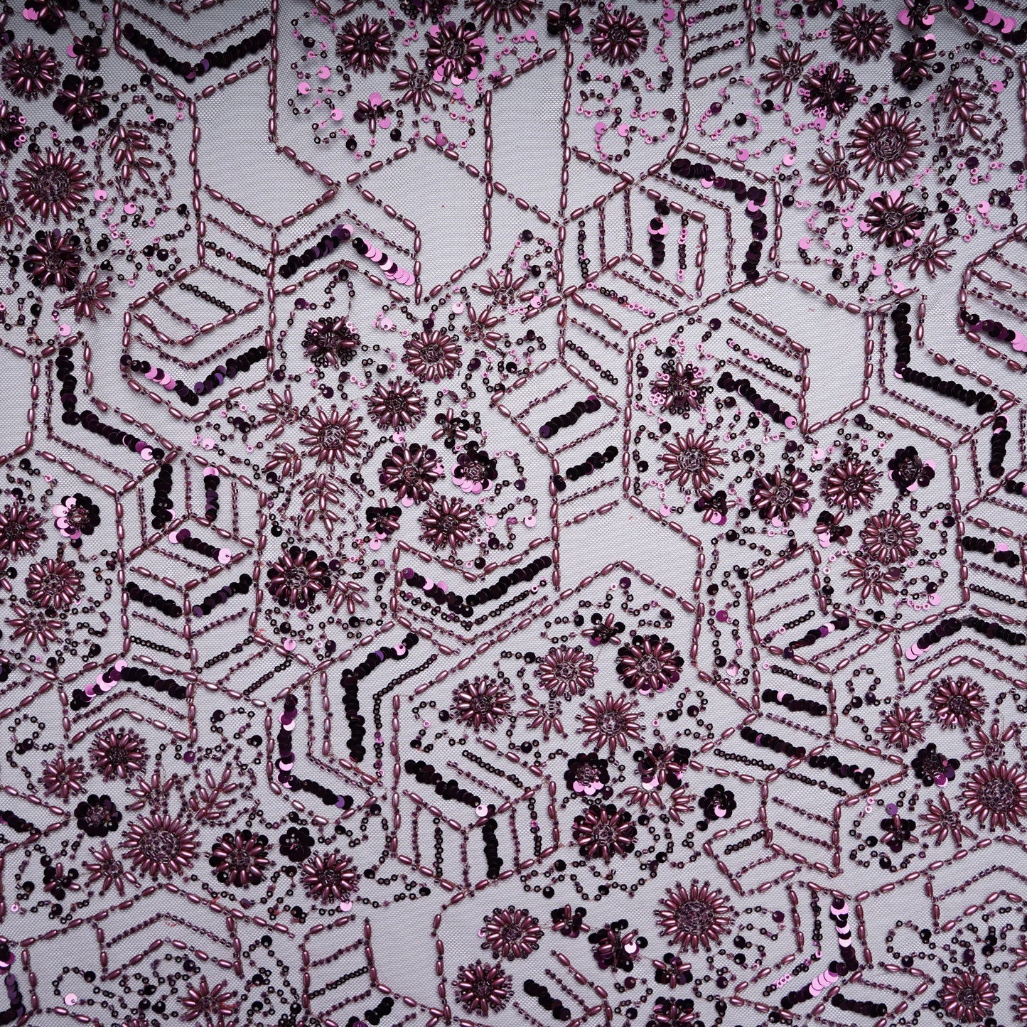 Wine Floral Rice Beads Cut Dana Handcrafted Embroidery Net Fabric 15138