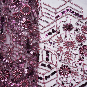 Wine Floral Rice Beads Cut Dana Handcrafted Embroidery Net Fabric 15138