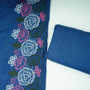 Blue With Pink Floral Embroidery Denim Fabric TF-30600 - TradeUNO