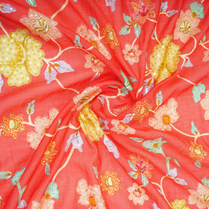 Coral Pink floral embroidery Mul Chanderi Fabric GTS-31132 - TradeUNO