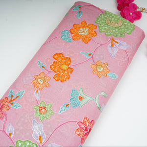 Dusty Pink floral embroidery Mul Chanderi Fabric GTS-31130 - TradeUNO
