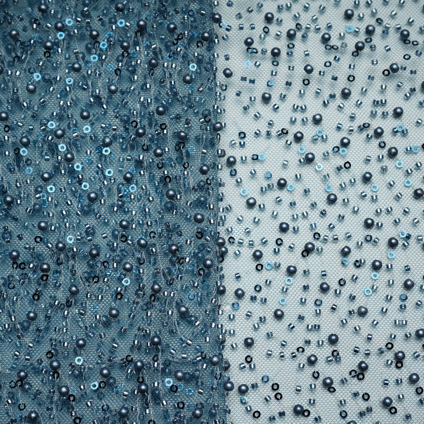 Teal Blue Heavy Pearl Cut Dana Embroidery Power Net Fabric 15066