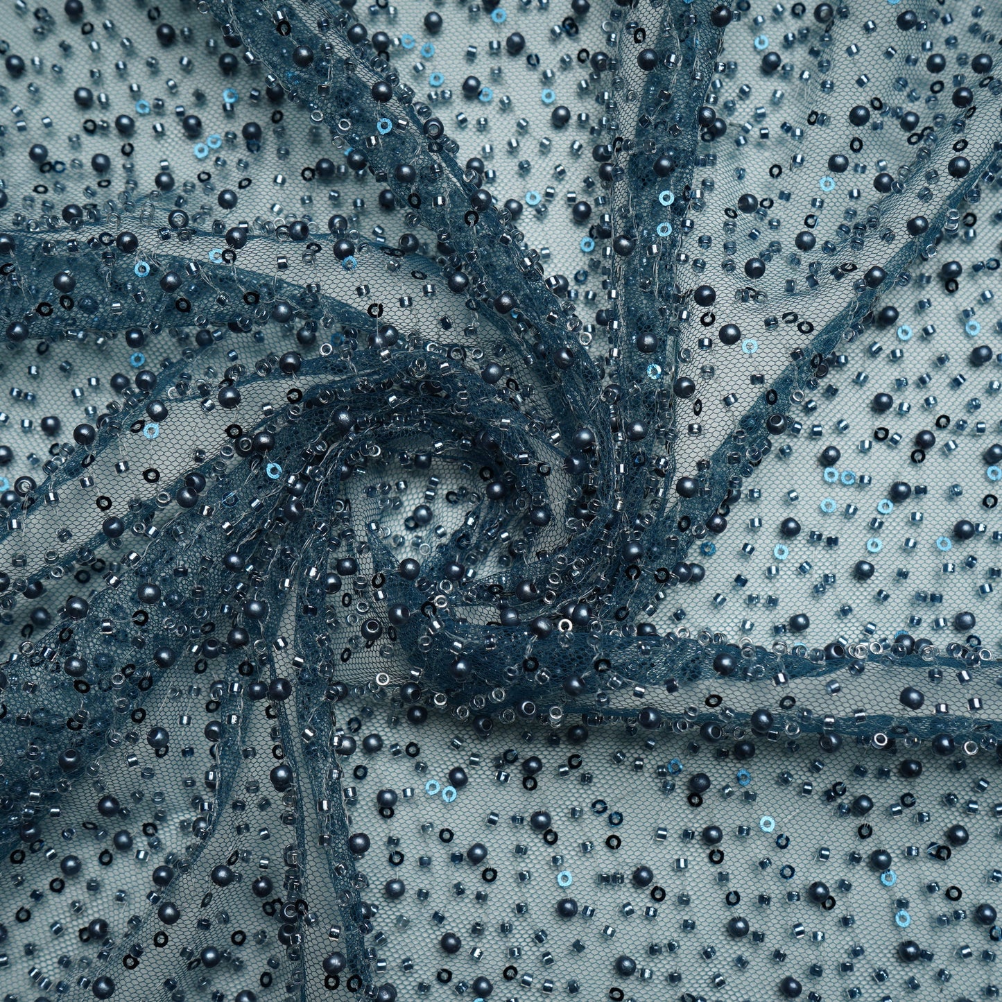 Teal Blue Heavy Pearl Cut Dana Embroidery Power Net Fabric 15066