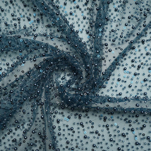Teal Blue Heavy Pearl Cut Dana Embroidery Power Net Fabric 15066