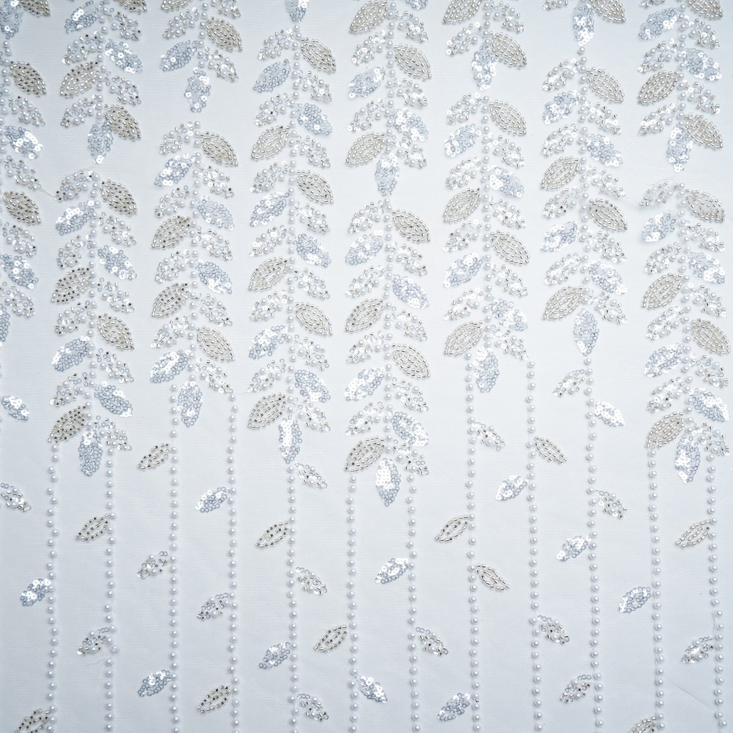 White Floral Pearl Cut Dana Embroidery Net Fabric 15078